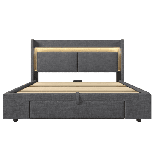 Cama estofada 140x200 cm - Armazenamento hidráulico, LED, USBUSB-C, cabeceira com gaveta - Cinza Cama estofada 140x200 cm - Armazenamento hidráulico, LED, USBUSB-C, cabeceira com gaveta - Cinza