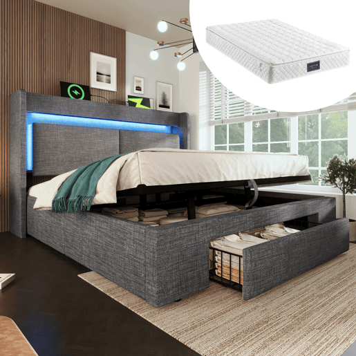 Cama estofada 140x200 cm - Armazenamento hidráulico, LED, USBUSB-C, cabeceira com gaveta - Cinza Cama estofada 140x200 cm - Armazenamento hidráulico, LED, USBUSB-C, cabeceira com gaveta - Cinza