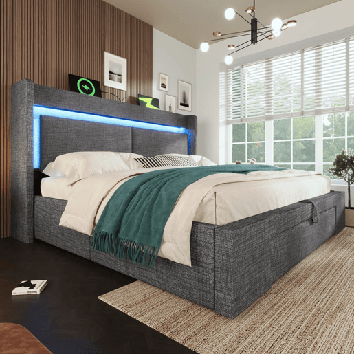 Cama estofada 140x200 cm - Armazenamento hidráulico, LED, USBUSB-C, cabeceira com gaveta - Cinza Cama estofada 140x200 cm - Armazenamento hidráulico, LED, USBUSB-C, cabeceira com gaveta - Cinza