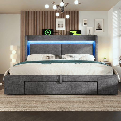 Cama estofada 140x200 cm - Armazenamento hidráulico, LED, USBUSB-C, cabeceira com gaveta - Cinza Cama estofada 140x200 cm - Armazenamento hidráulico, LED, USBUSB-C, cabeceira com gaveta - Cinza