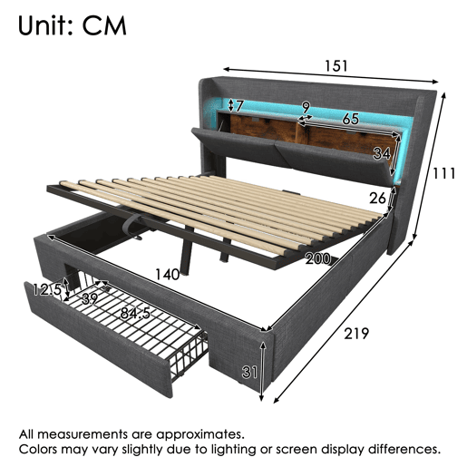 Cama estofada 140x200 cm - Armazenamento hidráulico, LED, USBUSB-C, cabeceira com gaveta - Cinza Cama estofada 140x200 cm - Armazenamento hidráulico, LED, USBUSB-C, cabeceira com gaveta - Cinza