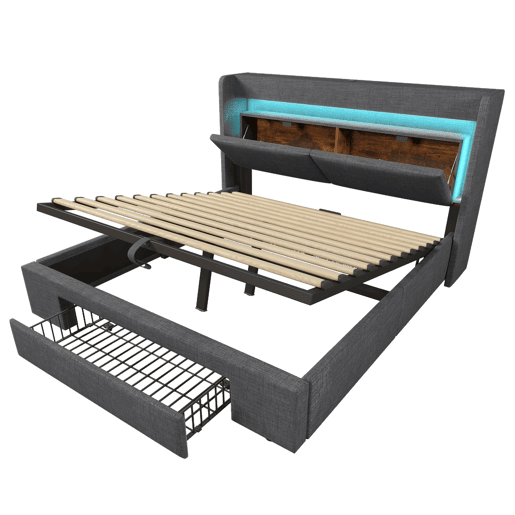 Cama estofada 140x200 cm - Armazenamento hidráulico, LED, USBUSB-C, cabeceira com gaveta - Cinza Cama estofada 140x200 cm - Armazenamento hidráulico, LED, USBUSB-C, cabeceira com gaveta - Cinza