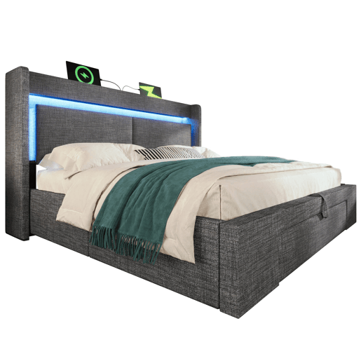Cama estofada 140x200 cm - Armazenamento hidráulico, LED, USBUSB-C, cabeceira com gaveta - Cinza Cama estofada 140x200 cm - Armazenamento hidráulico, LED, USBUSB-C, cabeceira com gaveta - Cinza