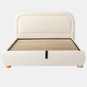 Cama de casal 140x190 cm - Cabeceira acolchoada, estrado de ripas, arrumação, hidráulica - Bege