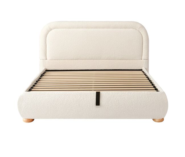 Cama doble 140x190 cm - cabecero acolchado, somier lamas, almacenamiento, hidráulica - beige