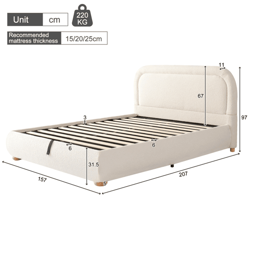 Cama de casal 140x190 cm - Cabeceira acolchoada, estrado de ripas, arrumação, hidráulica - Bege Cama de casal 140x190 cm - Cabeceira acolchoada, estrado de ripas, arrumação, hidráulica - Bege