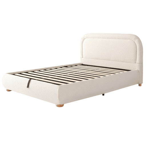 Cama de casal 140x190 cm - Cabeceira acolchoada, estrado de ripas, arrumação, hidráulica - Bege Cama de casal 140x190 cm - Cabeceira acolchoada, estrado de ripas, arrumação, hidráulica - Bege