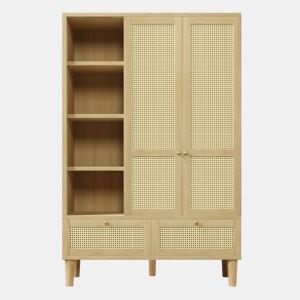 Armário roupário 180x120 - 2 portas, rattan, prateleiras, gavetas, barra para roupas - Carvalho