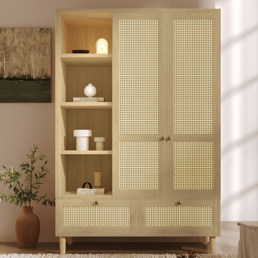 Armário roupário 180x120 - 2 portas, rattan, prateleiras, gavetas, barra para roupas - Carvalho Armário roupário 180x120 - 2 portas, rattan, prateleiras, gavetas, barra para roupas - Carvalho