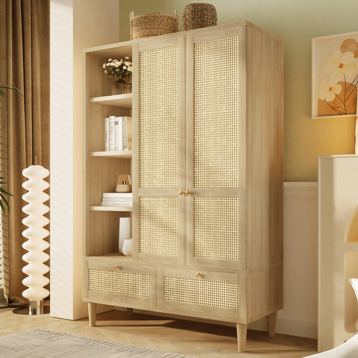 Armário roupário 180x120 - 2 portas, rattan, prateleiras, gavetas, barra para roupas - Carvalho Armário roupário 180x120 - 2 portas, rattan, prateleiras, gavetas, barra para roupas - Carvalho