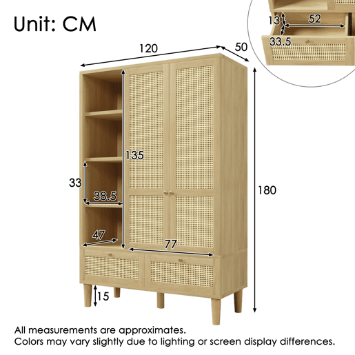 Armário roupário 180x120 - 2 portas, rattan, prateleiras, gavetas, barra para roupas - Carvalho Armário roupário 180x120 - 2 portas, rattan, prateleiras, gavetas, barra para roupas - Carvalho