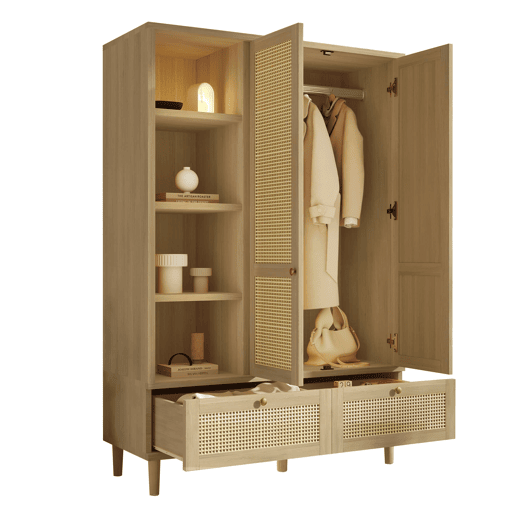 Armário roupário 180x120 - 2 portas, rattan, prateleiras, gavetas, barra para roupas - Carvalho Armário roupário 180x120 - 2 portas, rattan, prateleiras, gavetas, barra para roupas - Carvalho