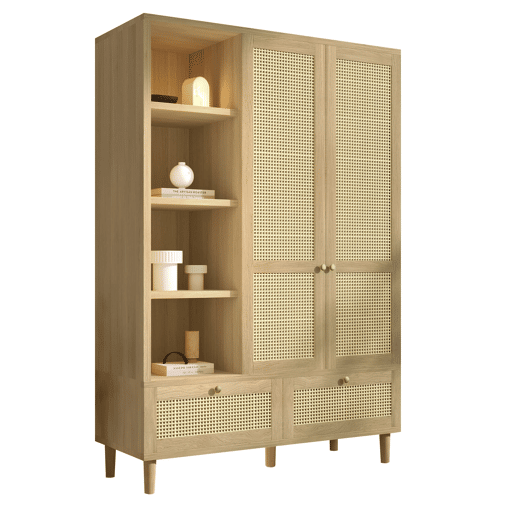Armário roupário 180x120 - 2 portas, rattan, prateleiras, gavetas, barra para roupas - Carvalho Armário roupário 180x120 - 2 portas, rattan, prateleiras, gavetas, barra para roupas - Carvalho