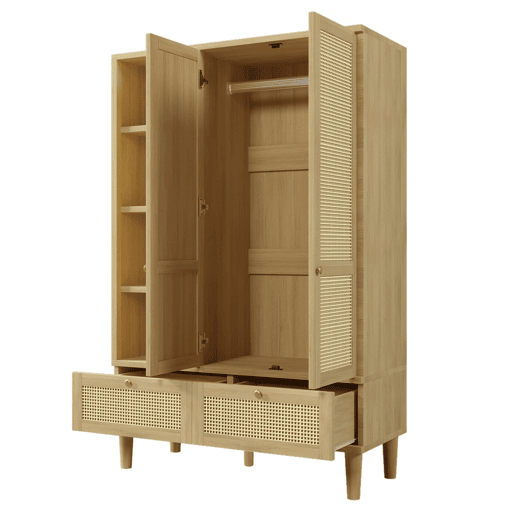 Armário roupário 180x120 - 2 portas, rattan, prateleiras, gavetas, barra para roupas - Carvalho Armário roupário 180x120 - 2 portas, rattan, prateleiras, gavetas, barra para roupas - Carvalho