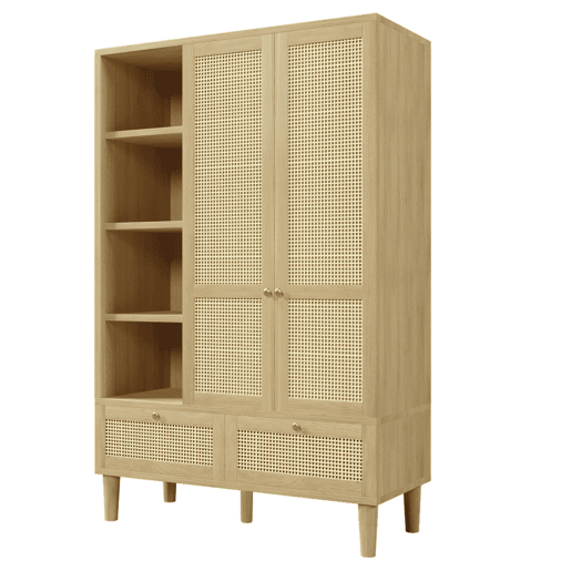Armário roupário 180x120 - 2 portas, rattan, prateleiras, gavetas, barra para roupas - Carvalho Armário roupário 180x120 - 2 portas, rattan, prateleiras, gavetas, barra para roupas - Carvalho