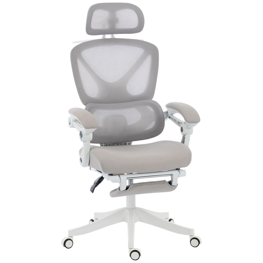 Homcom silla de escritorio de malla silla de oficina reclinable con reposacabezas soporte lumbar reposapiés y altura regulable función de basculante carga 120 kg gris claro