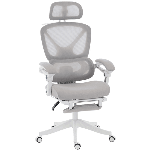 HOMCOM Cadeira de Escritório de Malha Reclinável com Apoio de Cabeça, Suporte Lombar, Apoio para os Pés e Altura Regulável, Cinzento Claro, 120 kg HOMCOM Cadeira de Escritório de Malha Reclinável com Apoio de Cabeça, Suporte Lombar, Apoio para os Pés e Altura Regulável, Cinzento Claro, 120 kg