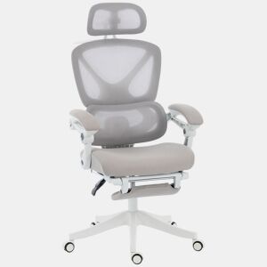 HOMCOM Cadeira de Escritório de Malha Reclinável com Apoio de Cabeça, Suporte Lombar, Apoio para os Pés e Altura Regulável, Cinzento Claro, 120 kg