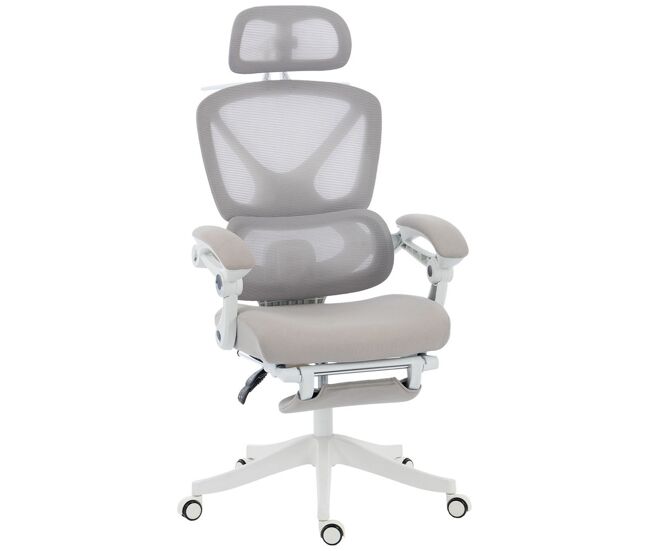 Homcom silla de escritorio de malla silla de oficina reclinable con reposacabezas soporte lumbar reposapiés y altura regulable función de basculante carga 120 kg gris claro