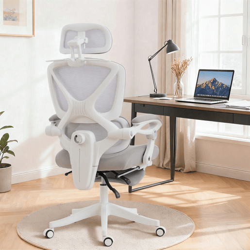 HOMCOM Cadeira de Escritório de Malha Reclinável com Apoio de Cabeça, Suporte Lombar, Apoio para os Pés e Altura Regulável, Cinzento Claro, 120 kg HOMCOM Cadeira de Escritório de Malha Reclinável com Apoio de Cabeça, Suporte Lombar, Apoio para os Pés e Altura Regulável, Cinzento Claro, 120 kg