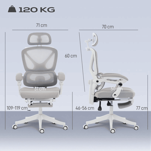 HOMCOM Cadeira de Escritório de Malha Reclinável com Apoio de Cabeça, Suporte Lombar, Apoio para os Pés e Altura Regulável, Cinzento Claro, 120 kg HOMCOM Cadeira de Escritório de Malha Reclinável com Apoio de Cabeça, Suporte Lombar, Apoio para os Pés e Altura Regulável, Cinzento Claro, 120 kg