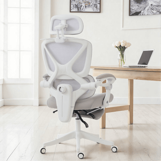 HOMCOM Cadeira de Escritório de Malha Reclinável com Apoio de Cabeça, Suporte Lombar, Apoio para os Pés e Altura Regulável, Cinzento Claro, 120 kg HOMCOM Cadeira de Escritório de Malha Reclinável com Apoio de Cabeça, Suporte Lombar, Apoio para os Pés e Altura Regulável, Cinzento Claro, 120 kg