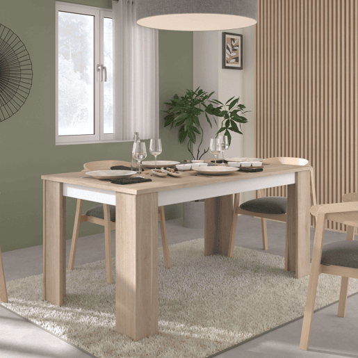 Mesa de jantar fixa Azzaro, mesa de sala de estar em carvalho japonês e branco fosco, 158x76x88 cm