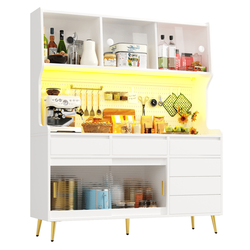 Aparador alto 145x39x171 cm - LED, App, gaveta, prateleira com painel perfurado - Branco