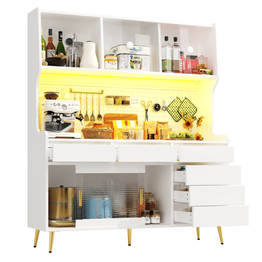 Aparador alto 145x39x171 cm - LED, App, gaveta, prateleira com painel perfurado - Branco