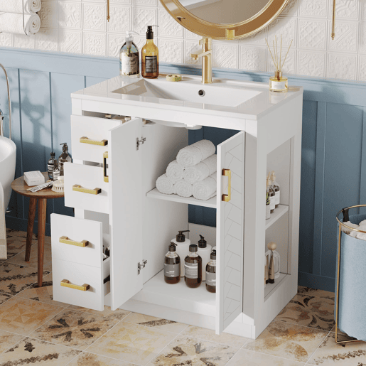 Móvel de lavatório 76,5x46,5x84,5 cm - 3 gavetas, prateleira lateral, fecho suave, cerâmica - Branco