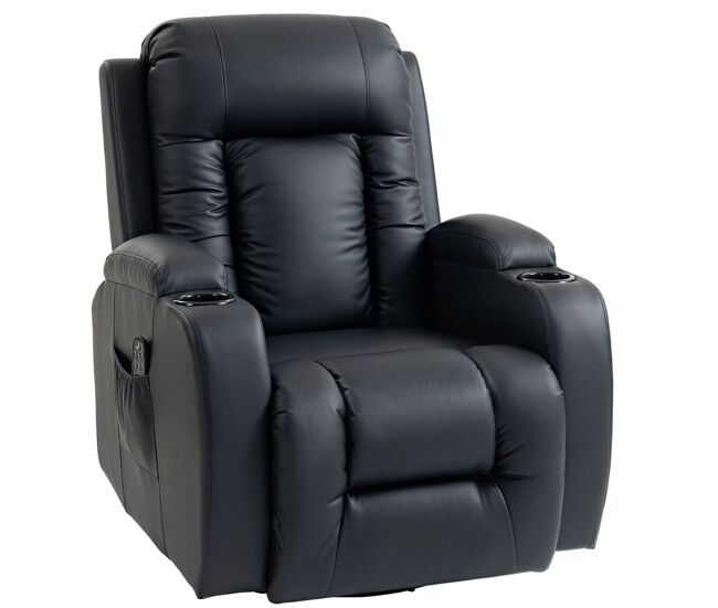 Homcom sillón de masaje giratorio, sillón relax reclinable con 8 puntos de masaje, función calefacción lumbar, mando a distancia, tapizado en pu, reposapiés, bolsillo lateral, función basculante negro