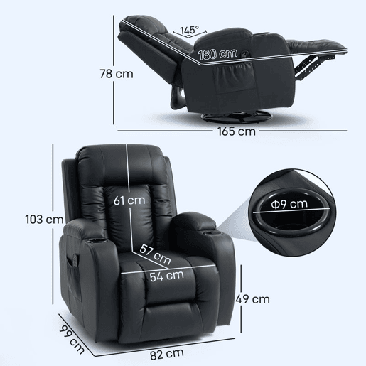 HOMCOM Poltrona de Massagem Reclinável até 145° Poltrona Relax com 8 Pontos de Massagem por Vibração Função de Aquecimento Giratória e Controlo Remoto 82x99x103 cm Preto HOMCOM Poltrona de Massagem Reclinável até 145° Poltrona Relax com 8 Pontos de Massagem por Vibração Função de Aquecimento Giratória e Controlo Remoto 82x99x103 cm Preto