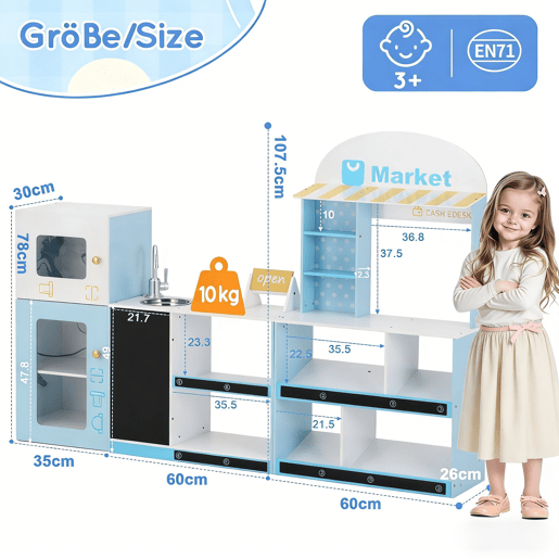 Cozinha de brinquedo para crianças maiores de 3 anos de mdf,azul