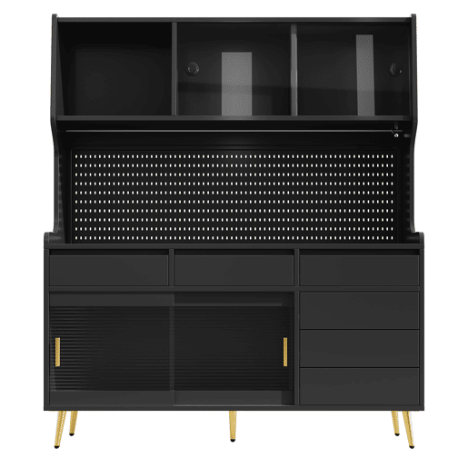 Aparador alto 145x39x171 cm - LED, App, gaveta, prateleira com painel perfurado - preto
