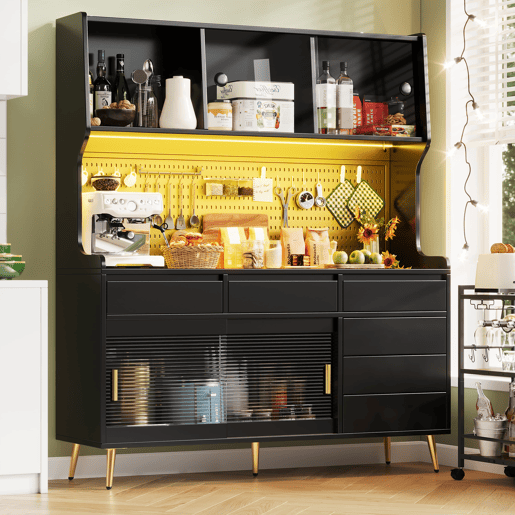 Aparador alto 145x39x171 cm - LED, App, gaveta, prateleira com painel perfurado - preto