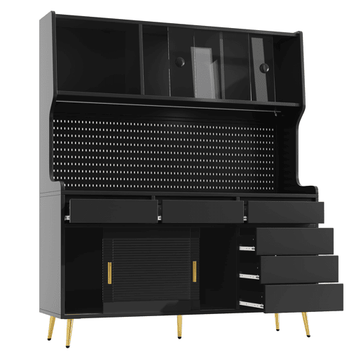 Aparador alto 145x39x171 cm - LED, App, gaveta, prateleira com painel perfurado - preto