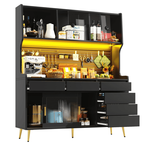 Aparador alto 145x39x171 cm - LED, App, gaveta, prateleira com painel perfurado - preto