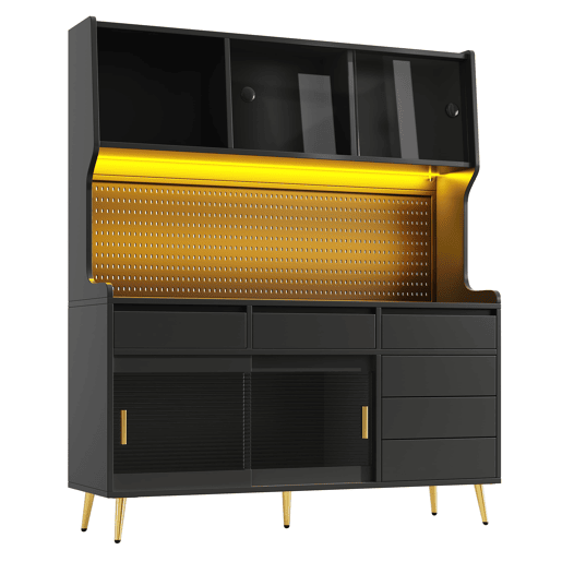 Aparador alto 145x39x171 cm - LED, App, gaveta, prateleira com painel perfurado - preto