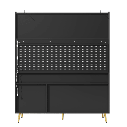 Aparador alto 145x39x171 cm - LED, App, gaveta, prateleira com painel perfurado - preto