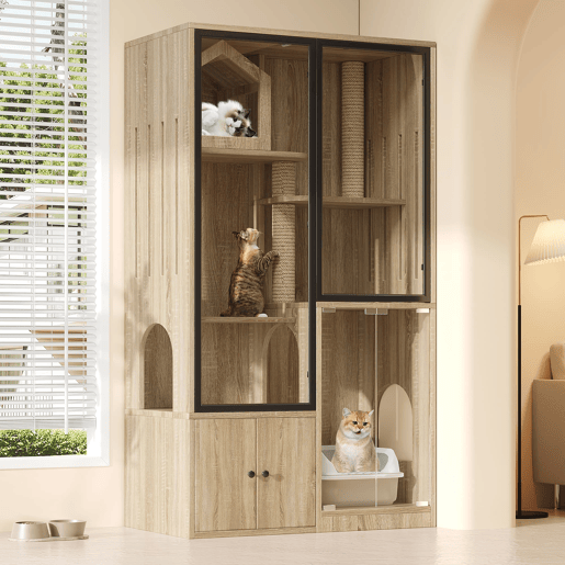 Casa para gatos 90x50x160 cm - 4 andares, resistente ao inverno, com poste para arranhar - Natural
