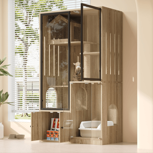 Casa para gatos 90x50x160 cm - 4 andares, resistente ao inverno, com poste para arranhar - Natural