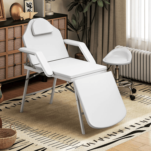 HOMCOM Marquesa de Massagem Dobrável Portátil de 3 Secções com Encosto e Suporte para Pernas Ajustáveis Apoio de Cabeça Removível Apoios de Braços Acolchoados para Spa 182x82 cm Branco HOMCOM Marquesa de Massagem Dobrável Portátil de 3 Secções com Encosto e Suporte para Pernas Ajustáveis Apoio de Cabeça Removível Apoios de Braços Acolchoados para Spa 182x82 cm Branco
