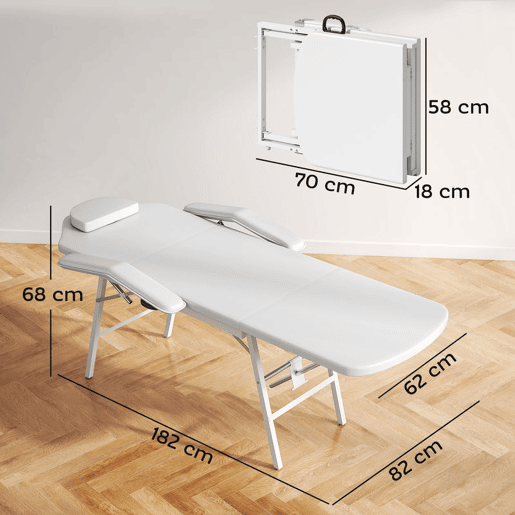 HOMCOM Marquesa de Massagem Dobrável Portátil de 3 Secções com Encosto e Suporte para Pernas Ajustáveis Apoio de Cabeça Removível Apoios de Braços Acolchoados para Spa 182x82 cm Branco HOMCOM Marquesa de Massagem Dobrável Portátil de 3 Secções com Encosto e Suporte para Pernas Ajustáveis Apoio de Cabeça Removível Apoios de Braços Acolchoados para Spa 182x82 cm Branco