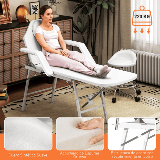 HOMCOM Marquesa de Massagem Dobrável Portátil de 3 Secções com Encosto e Suporte para Pernas Ajustáveis Apoio de Cabeça Removível Apoios de Braços Acolchoados para Spa 182x82 cm Branco HOMCOM Marquesa de Massagem Dobrável Portátil de 3 Secções com Encosto e Suporte para Pernas Ajustáveis Apoio de Cabeça Removível Apoios de Braços Acolchoados para Spa 182x82 cm Branco