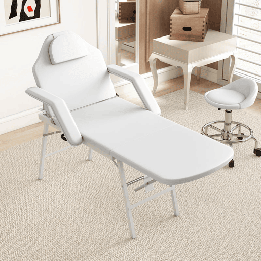 HOMCOM Marquesa de Massagem Dobrável Portátil de 3 Secções com Encosto e Suporte para Pernas Ajustáveis Apoio de Cabeça Removível Apoios de Braços Acolchoados para Spa 182x82 cm Branco HOMCOM Marquesa de Massagem Dobrável Portátil de 3 Secções com Encosto e Suporte para Pernas Ajustáveis Apoio de Cabeça Removível Apoios de Braços Acolchoados para Spa 182x82 cm Branco