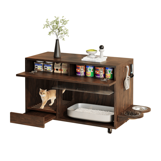Armário para caixa de areia 100x45,5x67 cm - com comedouros e bandeja de areia - Nogal