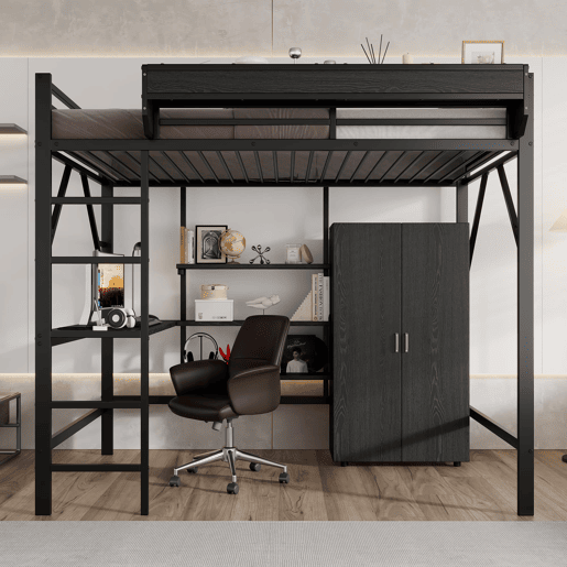 Cama alta 140x200 cm - Beliche com secretária e armário, armazenamento duplo - Preto