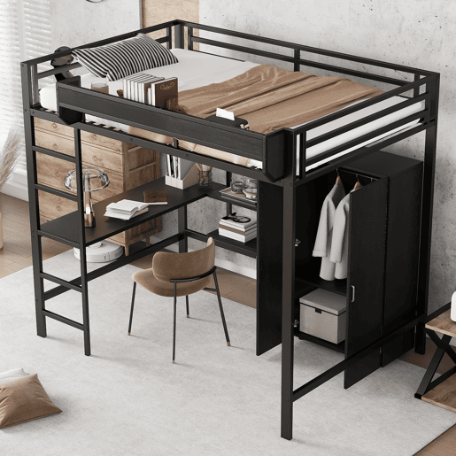 Cama alta 140x200 cm - Beliche com secretária e armário, armazenamento duplo - Preto