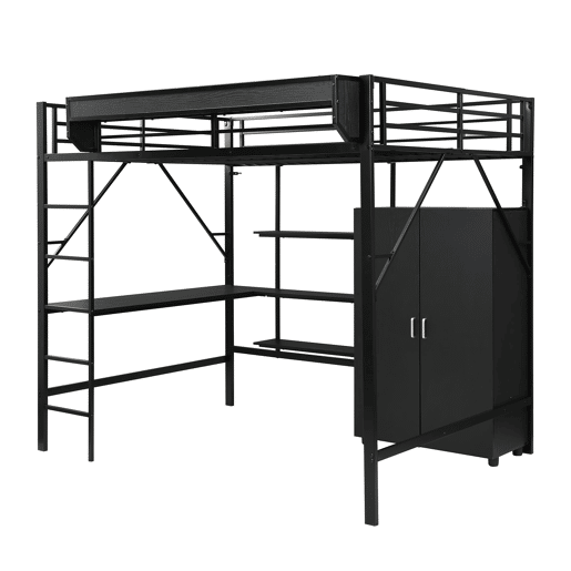 Cama alta 140x200 cm - Beliche com secretária e armário, armazenamento duplo - Preto