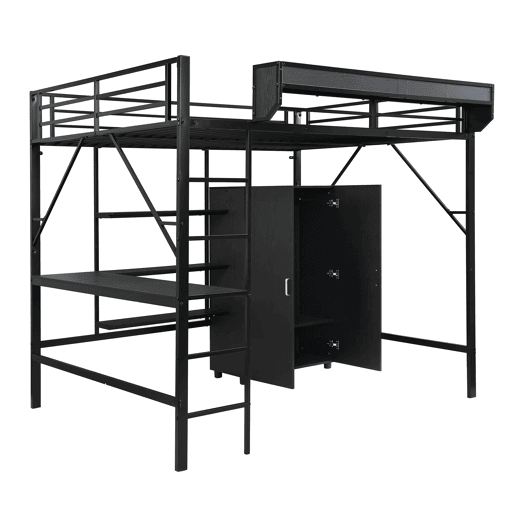 Cama alta 140x200 cm - Beliche com secretária e armário, armazenamento duplo - Preto